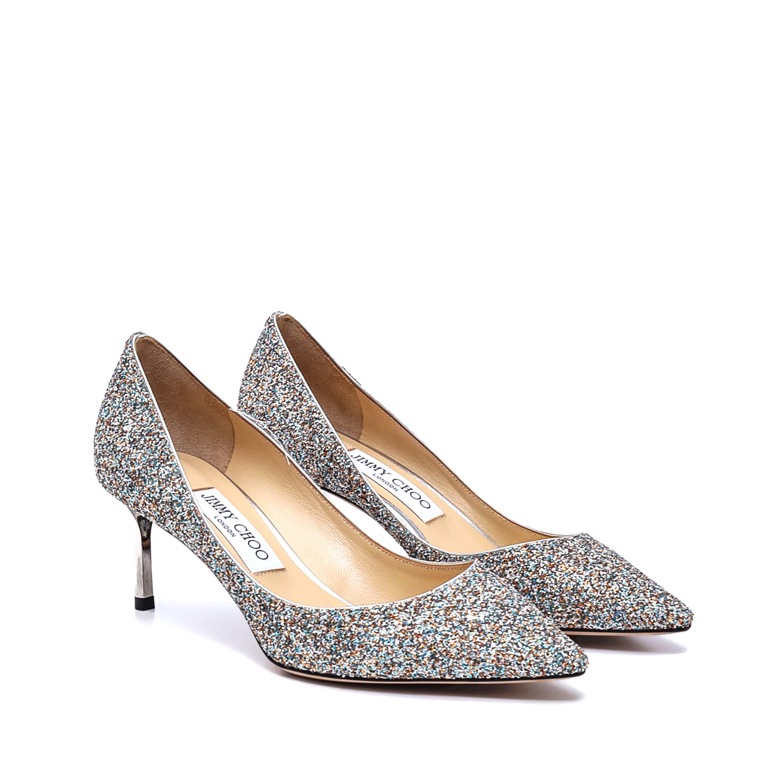 Jimmy Choo - Champagne Coarse Silver Glitter Pointed Pumps Romy 60 MM / 38